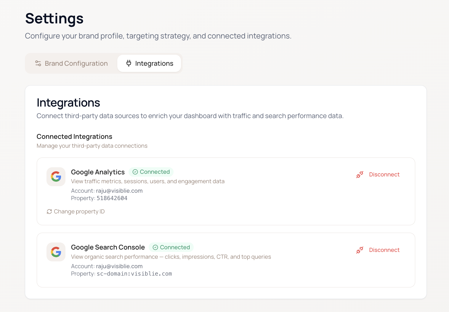 Settings page showing ability to disconnect Google integrations